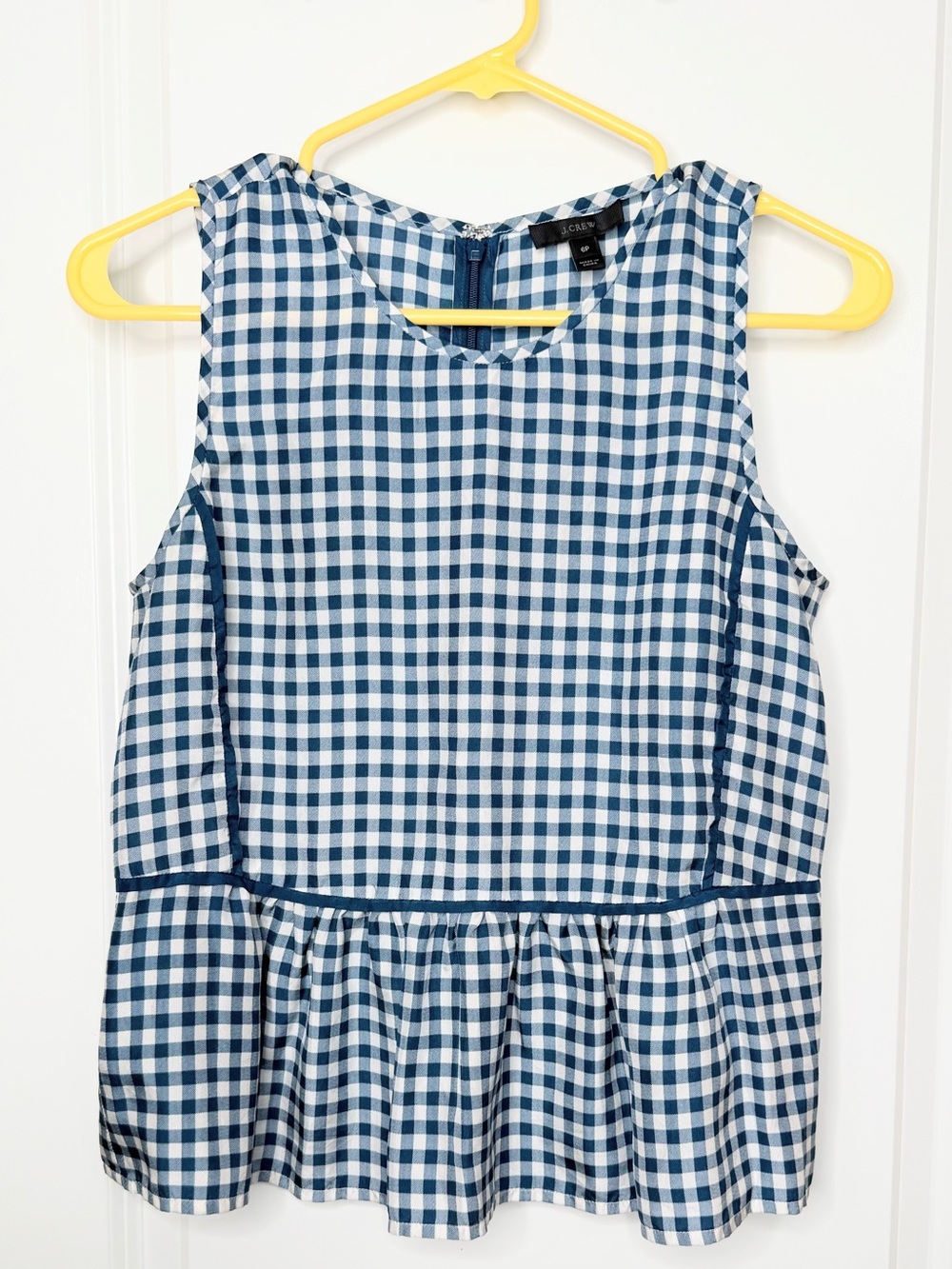 J.Crew Women’s 6P Petite 100% Silk Blue White Gingham Peplum Blouse Top